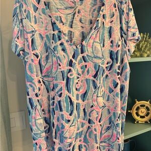 Lilly Pulitzer Etta Anchor Blue and Pink V Neck Top XL